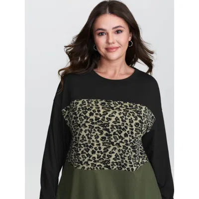 Bloomchic Women's Plus Size Leopard Print Colorblock T-shirt Multicolor Leopard Casual Long Sleeve Round Neck 