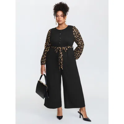 Bloomchic Women's Plus Size Leopard Print Contrast Belted Pockets Jumpsuit Blackflower Elegant 28/5x