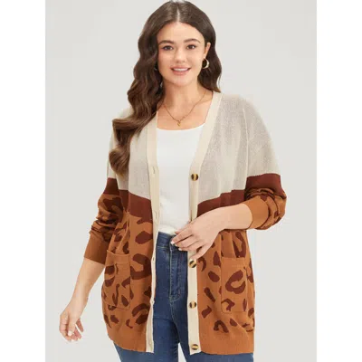 Bloomchic Women's Plus Size Leopard Print Contrast Button Down Patched Pocket Cardigan Chocolate Long Sleeve 2 In Brown