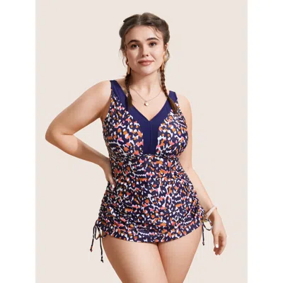 Bloomchic Women's Plus Size Leopard Print Contrast Drawstring Swim Top Midnight Animal Motif Sleeveless Colorb In Blue