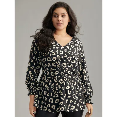 Bloomchic Women's Plus Size Leopard Print Crossover Ruched Shirred Blouse Black Dailywear Long Sleeve 10/m