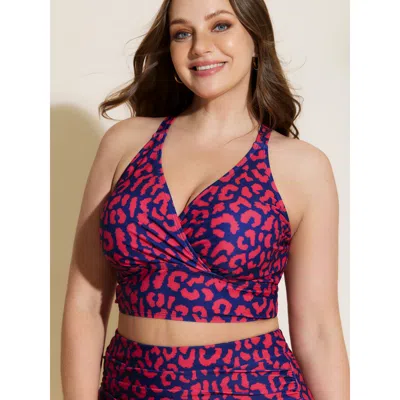 Bloomchic Women's Plus Size Leopard Print Cross-straps Bikini Top Raspberry Leopard Sleeveless Non Adaptive-fi In Pink