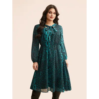 Bloomchic Women's Plus Size Leopard Print Elastic Waist Tie Knot Dress Teal Animal Motif Midi Everyday Tie Kno In Blue