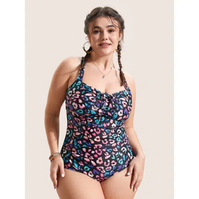 Bloomchic Women's Plus Size Leopard Print Gathered Knotted One Piece Swimsuit Multicolor Animal Motif Gathered