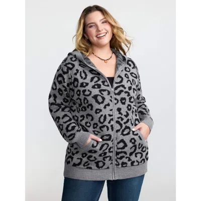 Bloomchic Women's Plus Size Leopard Print Jacquard Hooded Knit Cardigan Darkgray Long Sleeve 10/m In Gray