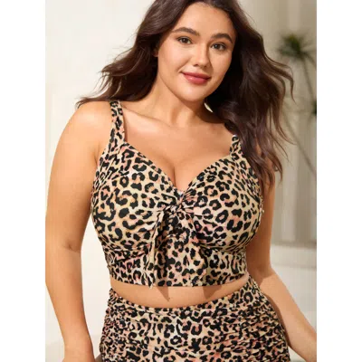 Bloomchic Women's Plus Size Leopard Print Knotted Front Bikini Top Black Leopard Sleeveless Lace-up Adaptive-f