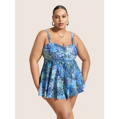 Bloomchic Women's Plus Size Leopard Print Knotted Front Swim Top Cerulean Leopard Sleeveless Ruched Adaptive-f In Blue