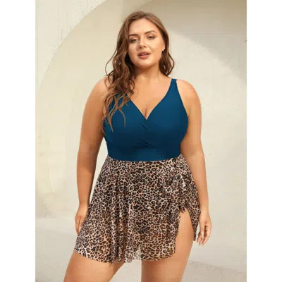 Bloomchic Women's Plus Size Leopard Print Knotted Surplice Swim Dress Darkblue Leopard Bowknot Hip-flattering  In Blue