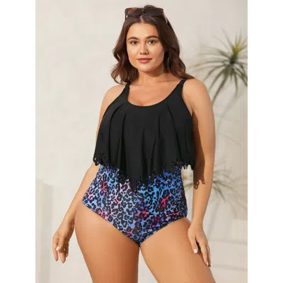 Bloomchic Women's Plus Size Leopard Print Laser Cut Pleated One-piece Swimsuit Black Animal Motif Laser Adapti