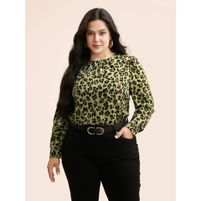 Bloomchic Women's Plus Size Leopard Print Mock Neck Gathered Blouse Moss Animal Motif Office Long Sleeve 10/m In Green
