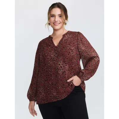 Bloomchic Women's Plus Size Leopard Print Notched Collar Blouse Burgundy Animal Motif Elegant Extra Long Sleev