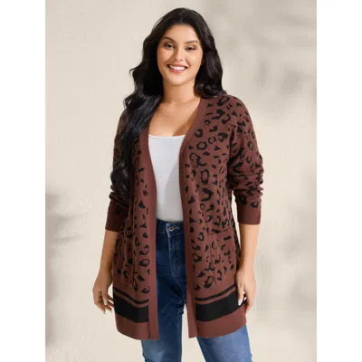 Bloomchic Women's Plus Size Leopard Print Patch Pockets Front-open Cardigan Browncoffeecolor Long Sleeve 10/m