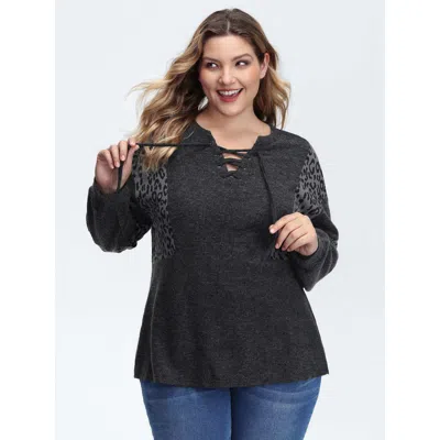 Bloomchic Women's Plus Size Leopard Print Patchwork Cross-tie Neckline Sweatshirt Black Casual 18-20/2x