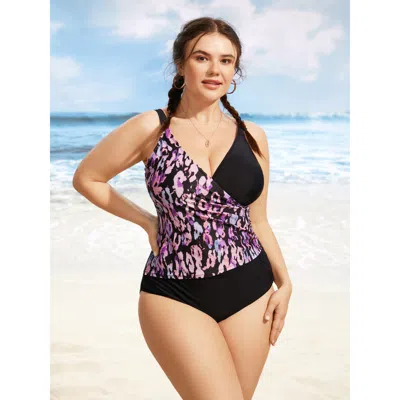 Bloomchic Women's Plus Size Leopard Print Patchwork Gathered One Piece Swimsuit Black Animal Motif Overlapping