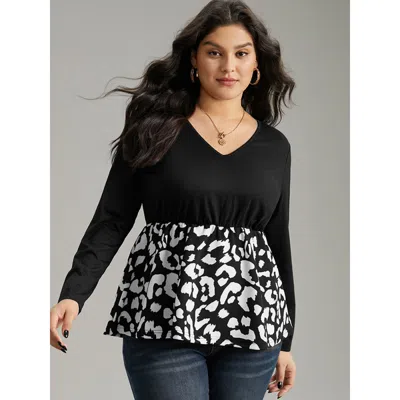 Bloomchic Women's Plus Size Leopard Print Patchwork Gathered T-shirt Black Long Sleeve Dailywear 22-24/3x