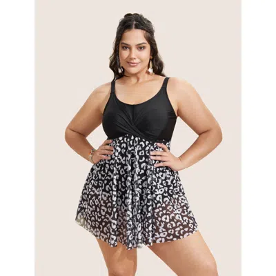 Bloomchic Women's Plus Size Leopard Print Patchwork Heart Neckline Swim Dress Black Animal Motif Twist Adaptiv