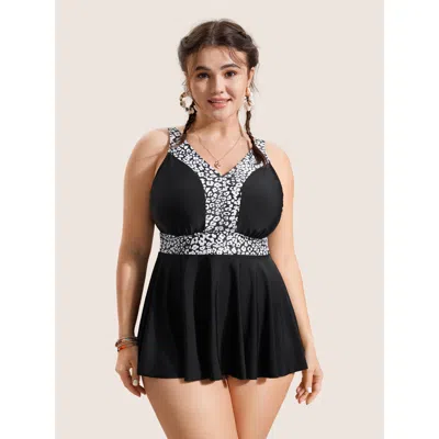 Bloomchic Women's Plus Size Leopard Print Patchwork V Neck Swim Top Black Animal Motif Sleeveless Colorblock A