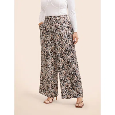 Bloomchic Women's Plus Size Leopard Print Pleated Wide Leg Pants Leopard Animal Motif Wide Leg Mid Rise Everyd In Brown