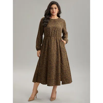 Bloomchic Women's Plus Size Leopard Print Pocket Split Side Keyhole Dress Darkbrown Dailywear Elastic Cuffs 30 In Brown