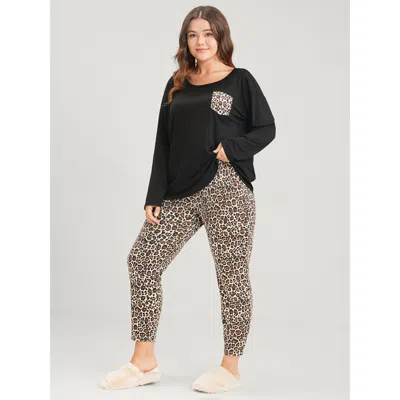 Bloomchic Women's Plus Size Leopard Print Pocket Two-piece Loungewear Set Black Leopard Long Sleeve Patchwork 