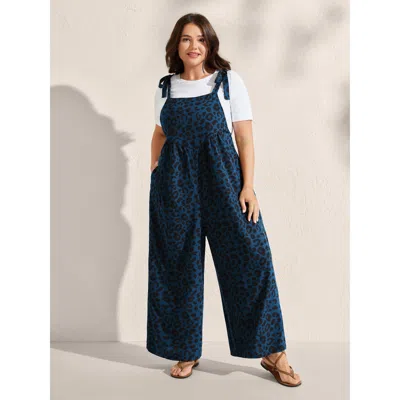Bloomchic Women's Plus Size Leopard Print Pockets Shoulder Ties Jumpsuit Indigo Vacation 10/m In Purple