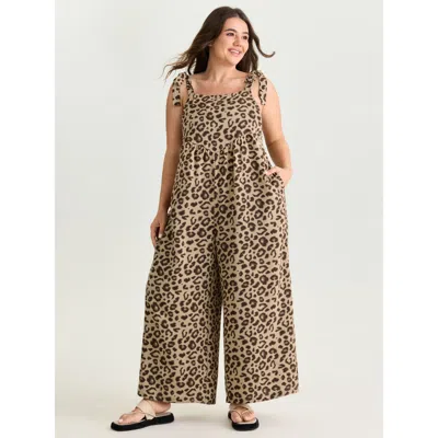 Bloomchic Women's Plus Size Leopard Print Pockets Shoulder Ties Jumpsuit Lightbrown Vacation 22-24/3x In Brown
