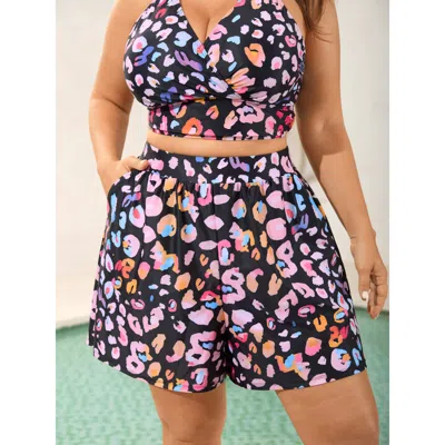 Bloomchic Women's Plus Size Leopard Print Pockets Swim Shorts Black Leopard Short Colorblock Elastic Waist 10/