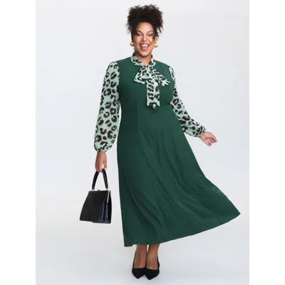 Bloomchic Women's Plus Size Leopard Print Ribbon Collar Midi Dress Darkgreen Leopard Maxi Elegant Patchwork 30 In Green