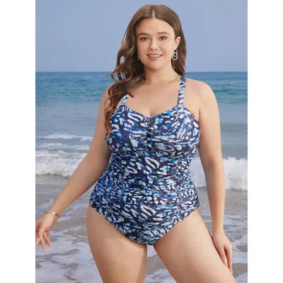 Bloomchic Women's Plus Size Leopard Print Ruched Crisscross Front One Piece Swimsuit Blue Leopard Adjustable S
