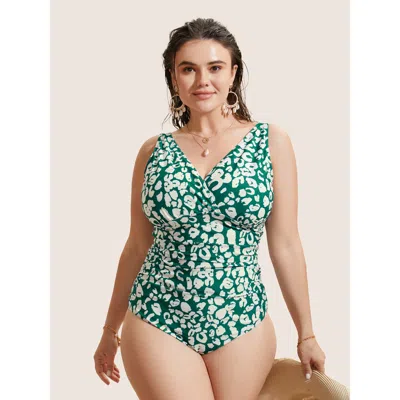 Bloomchic Women's Plus Size Leopard Print Ruched One Piece Swimsuit Truegreen Animal Motif Gathered Adaptive-f