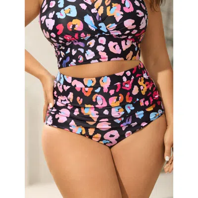 Bloomchic Women's Plus Size Leopard Print Ruched Tight-fit Bikini Bottoms Black Leopard Booty Colorblock Elast