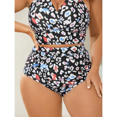 Bloomchic Women's Plus Size Leopard Print Ruched Tight-fit Bikini Bottoms Blackflower Leopard Booty Colorblock