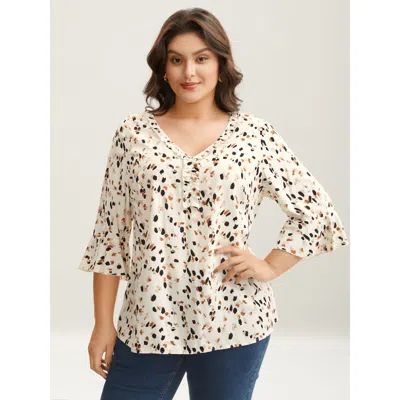 Bloomchic Women's Plus Size Leopard Print Ruffled Detail Shirt Ivory Animal Motif Everyday 3/4 Sleeve 10/m In White