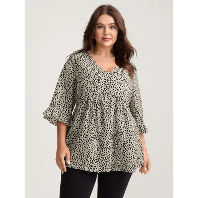 Bloomchic Women's Plus Size Leopard Print Ruffled Detail V-neck Blouse Champagne Leopard Casual 3/4 Sleeve V-n In Gold