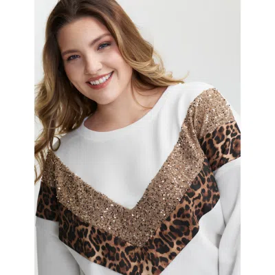 Bloomchic Women's Plus Size Leopard Print Sequin Contrast Sweatshirt Whitesmoke Casual 10/m
