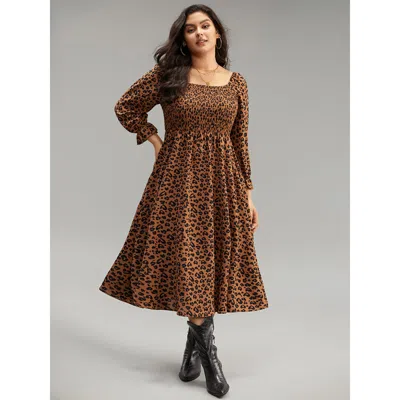 Bloomchic Women's Plus Size Leopard Print Shirred Square Neck Pocket Dress Rust Dailywear Printed 28/5x In Brown