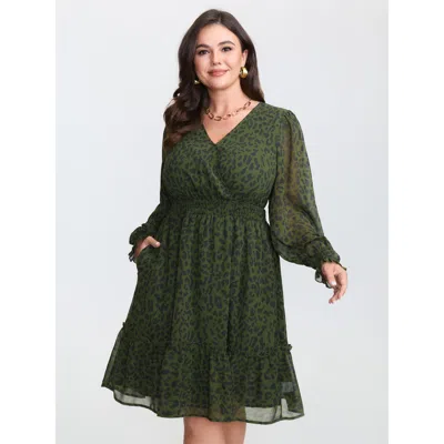 Bloomchic Women's Plus Size Leopard Print Shirred Waist Midi Dress Darkgreen Leopard Midi Elegant Smocked 26/4 In Green