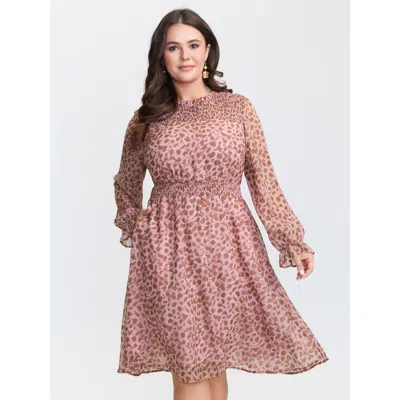 Bloomchic Women's Plus Size Leopard Print Shirred Waist Mini Dress Dustypink Polka Dots Mini Elegant Smocked 2 In Pink