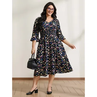 Bloomchic Women's Plus Size Leopard Print Shirred Waist V-neck Midi Dress Black Animal Motif Midi Casual Shirr