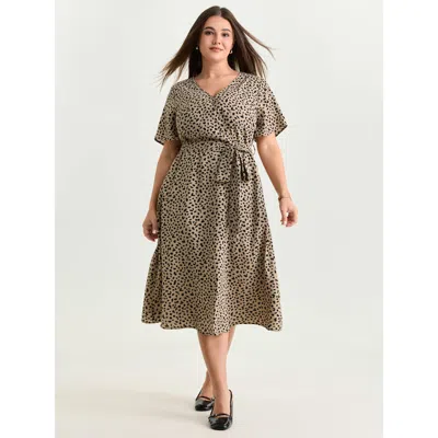 Bloomchic Women's Plus Size Leopard Print Side-tie Midi Dress Tan Leopard Midi Office Wrap / Overlap 10/m In Brown