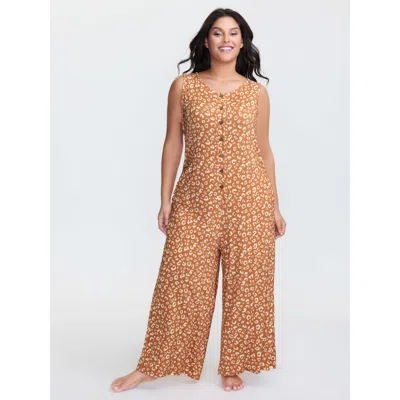 Bloomchic Women's Plus Size Leopard Print Sleeveless Button Front Lounge Jumpsuit Yellowishbrown Maxi 30/6x