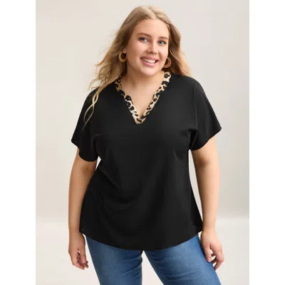 Bloomchic Women's Plus Size Leopard Print Spliced Plain Blouse Black Leopard Vacation Short Sleeve V-notch Nec