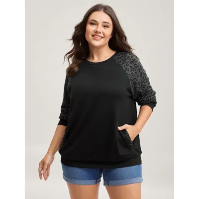 Bloomchic Women's Plus Size Leopard Print Spliced Pockets Sweatshirt Black Not Graphics Casual Round Neck 10/m