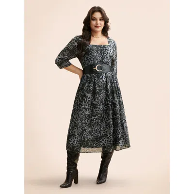Bloomchic Women's Plus Size Leopard Print Square Neck Chiffon Dress Darkgray Animal Motif Midi Elegant See Thr In Gray