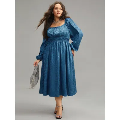 Bloomchic Women's Plus Size Leopard Print Square Neck Shirred Gathered Dress Aegean Going Out Elastic Cuffs 10 In Blue