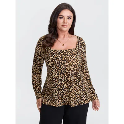 Bloomchic Women's Plus Size Leopard Print Square Neckline T-shirt Leopard Animal Motif Elegant Long Sleeve 12/ In Brown