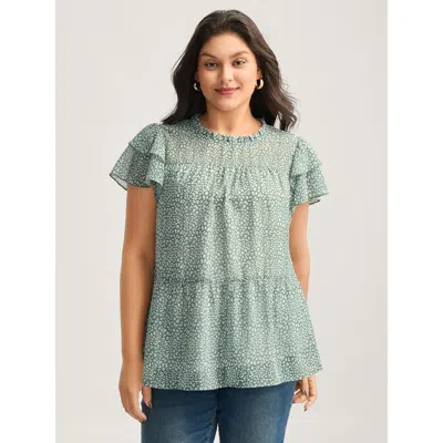 Bloomchic Women's Plus Size Leopard Print Stretchy Neck Flowy Blouse Greenbean Ditsy Floral Office Cap Sleeve 