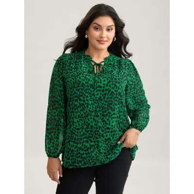 Bloomchic Women's Plus Size Leopard Print Tie Knot Lantern Sleeve Blouse Darkgreen Animal Motif Elegant Long S In Green