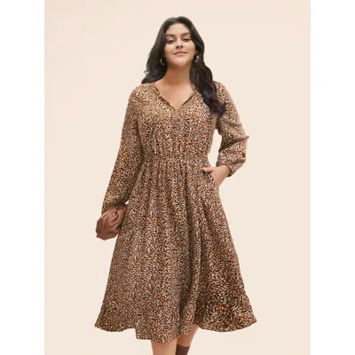 Bloomchic Women's Plus Size Leopard Print Tie Knot Midi Dress Yellowishbrown Animal Motif Midi Office Tie Knot