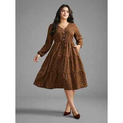 Bloomchic Women's Plus Size Leopard Print Tie Knot Ruffle Layered Hem Dress Browncoffeecolor Animal Motif Midi